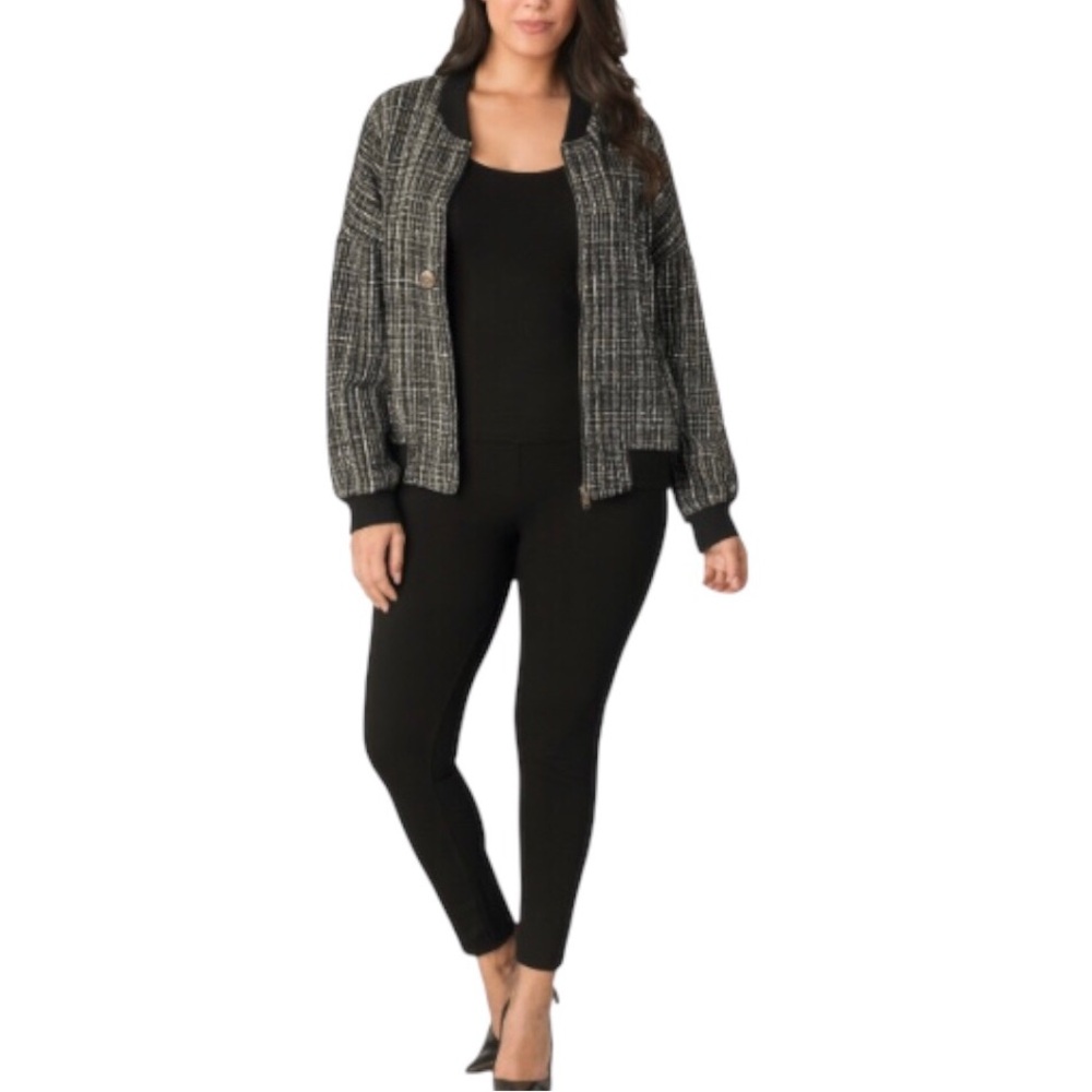 NWT Meraki Black / White Patterned Bomber Jacket Size XL Ribbed Neck/Cuffs/Hem